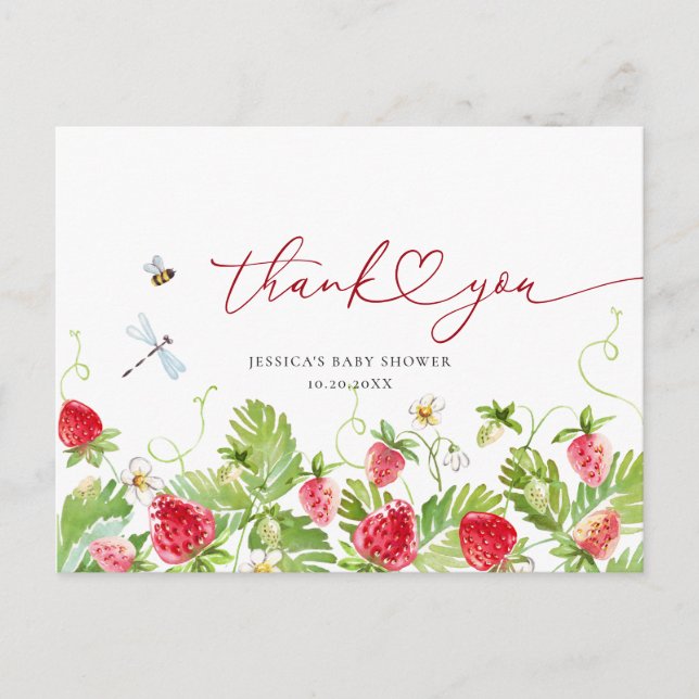 Cartão Postal Trendy Watercolor Strawberry Chá de fraldas Obriga (Frente)