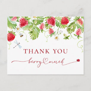 Cartão Postal Trendy Watercolor Strawberry Chá de fraldas Obriga