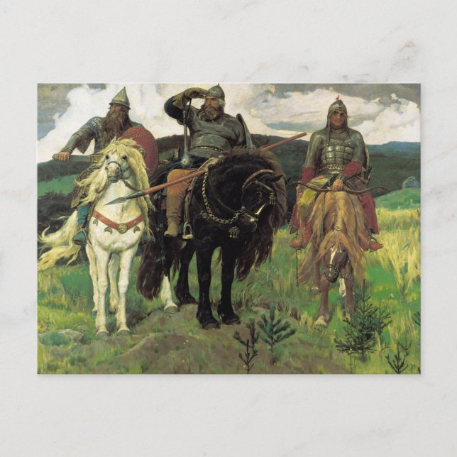 Cartão Postal Três Bogatyrs (1898) por Viktor Vasnetsov Impressã (Frente)