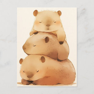 Cartão Postal Três Capivaras Cochilando Empilhadas Animal Minima