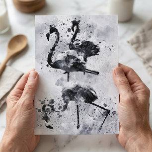 Cartão Postal Três Flamingos Preto e Branco Aquarela