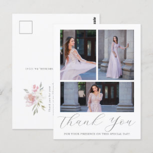 Cartão Postal Três Fotografias Quinceanera - Escrita Floral Rosa