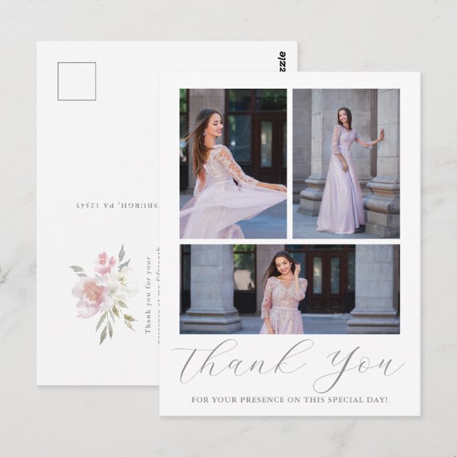 Cartão Postal Três Fotografias Quinceanera - Escrita Floral Rosa (Frente/Verso)
