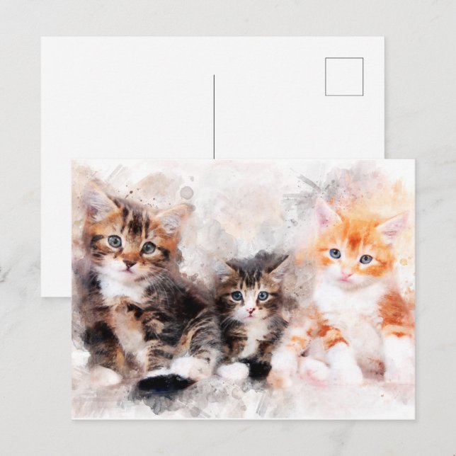 Cartão Postal Três gatinhos lindos e bonitos aquarela (Frente/Verso)