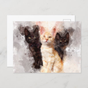 Cartão Postal Três gatinhos, lindos e bonitos, de aquarela