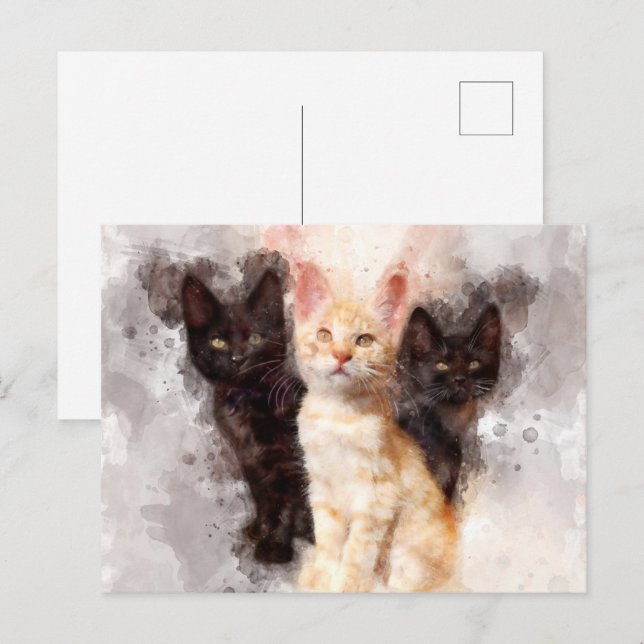 Cartão Postal Três gatinhos, lindos e bonitos, de aquarela (Frente/Verso)
