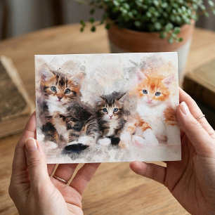 Cartão Postal Três gatinhos lindos e fofos aquarela