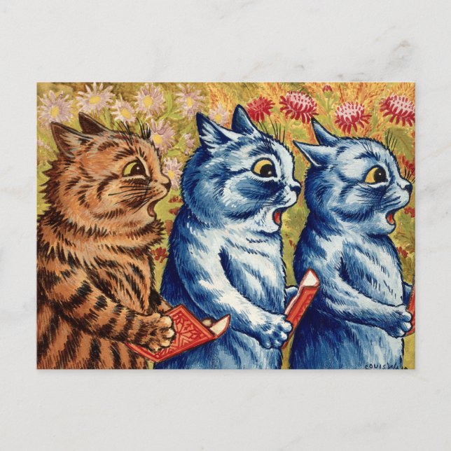 Cartão Postal Três gatos cantando. Gouache por Louis Wain, 1925 (Frente)