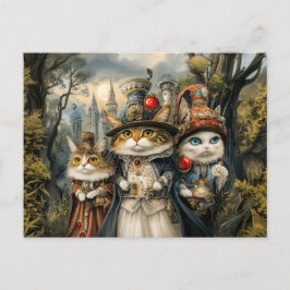 Cartão Postal Três Gatos na Floresta de Fantasia Steampunk