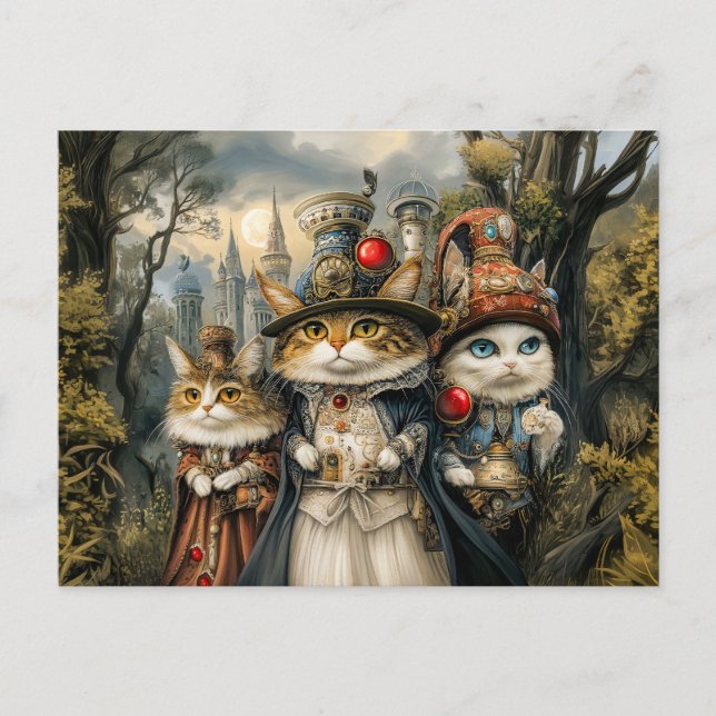 Cartão Postal Três Gatos na Floresta de Fantasia Steampunk (Frente)