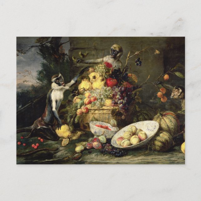 Cartão Postal Três macacos roubando Fruta (óleo na canvas) (Frente)