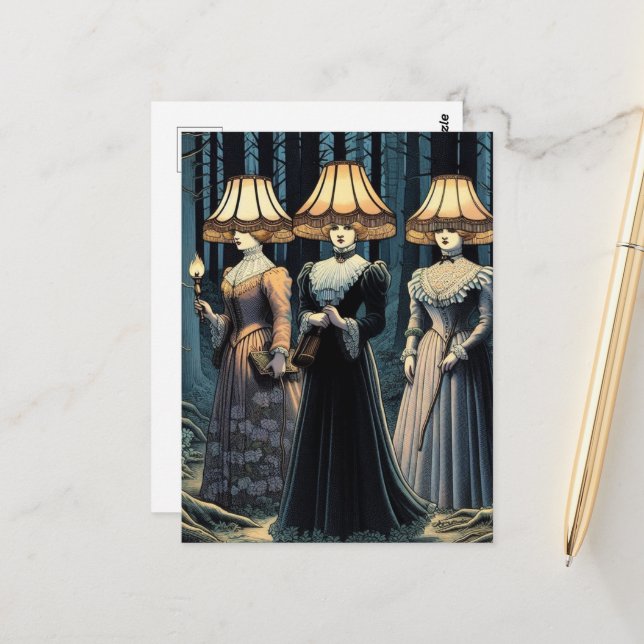 Cartão Postal Três Mulheres na Floresta com Chapéus Lampshade (Frente/Verso In Situ)