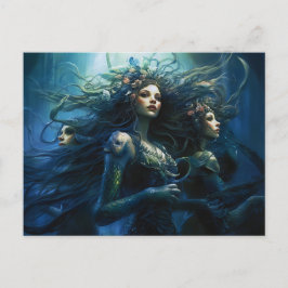 Cartão Postal Três Ninfa do Mar em Pintura de Fantasia no Espelh