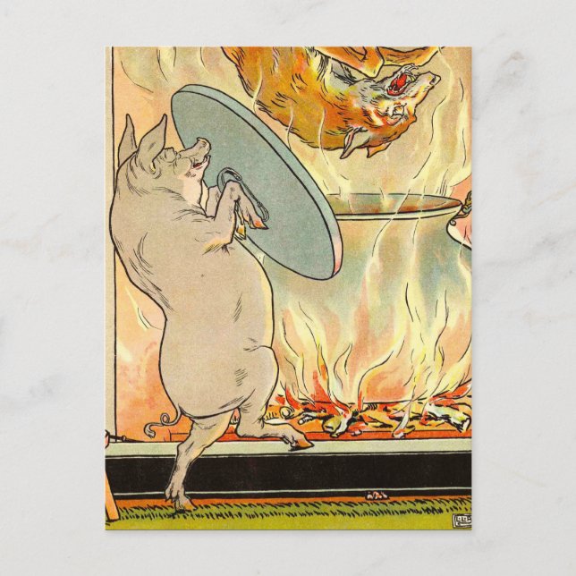 Cartão Postal Três Pequenos Porcos: Em Caiu O Cartaz Do Lobo (Frente)