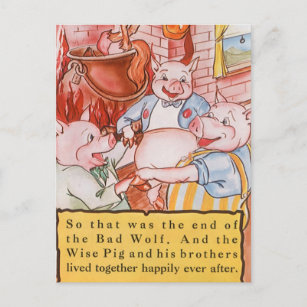 Cartão Postal Três Pequenos Porcos Lobo Cozinhar, Vintage Fairy 