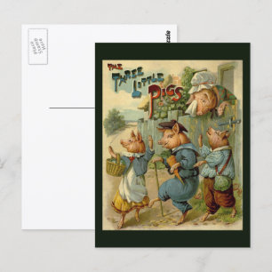 Cartão Postal Três Porquinhos Conto de Fadas Vintage