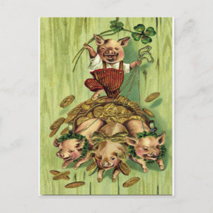 Cartão Postal Trevo de Quatro Folhas Vintage Porco Dourado Dia d