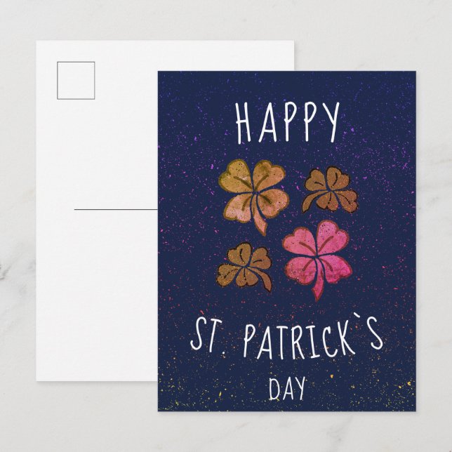 Cartão Postal Trevo de Shamrock Rosa da Sorte Feliz dia de São P (Frente/Verso)
