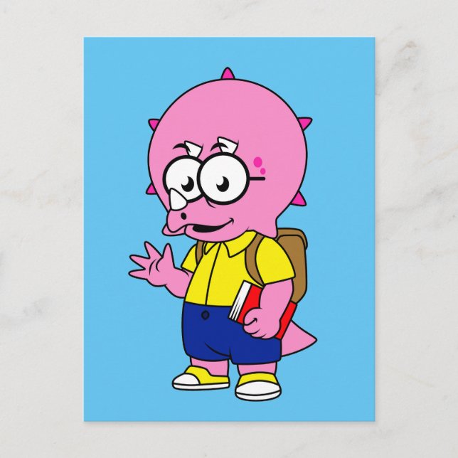 Cartão Postal Triceratops Nerd Com Mochila e Livro Didático. (Frente)