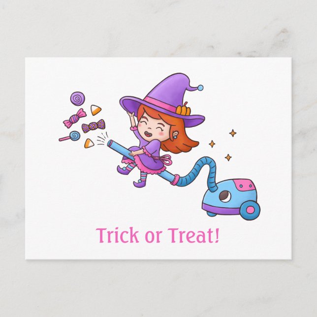 Cartão Postal Trick or Treat com Bruxinha no Aspirador de Pó (Frente)