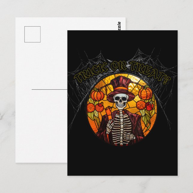 Cartão Postal Trick ou trata? Halloween, vidro colorido (Frente/Verso)