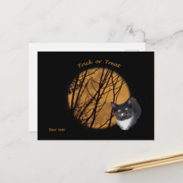 Cartão Postal Trick ou trate o gato e a lua negros do Halloween