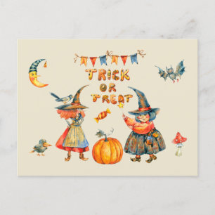 Cartão Postal Trick ou Treine Bruxas de Aquarela Feliz Halloween