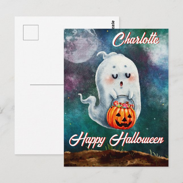 Cartão Postal Trick ou Treine, Fantasmas são Felizes e Doces Hal (Frente/Verso)