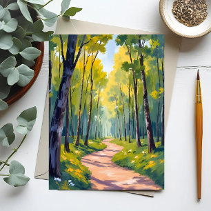 Cartão Postal Trilha da Primavera   Floresta Verde Aquarela Natu