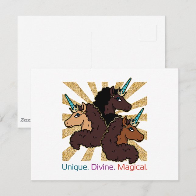 Cartão Postal Trio Afro Unicorn: Único, Divino e Mágico (Frente/Verso)