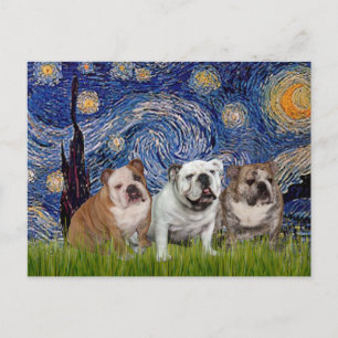 Cartão Postal Trio de Bulldog Inglês - Noite Estrelada