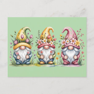 Cartão Postal Trio de Gnomos da Primavera em Aquarela com Chapéu