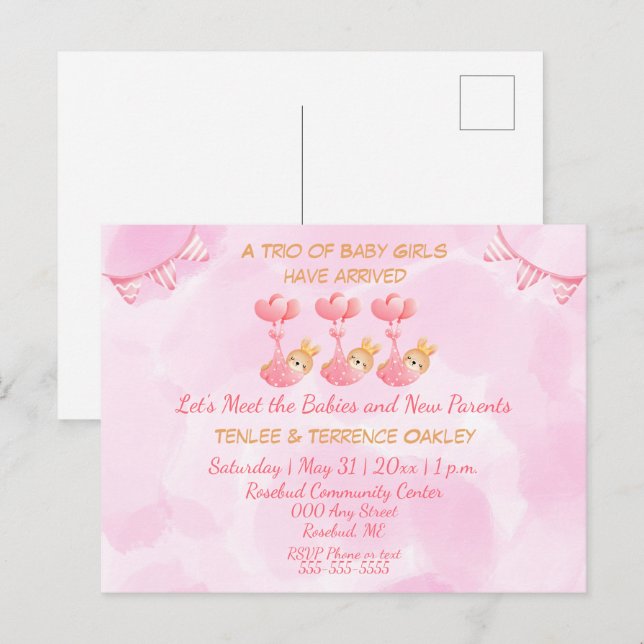 Cartão Postal Triplet Baby Girls Pink Shower Invitation Postcard (Frente/Verso)
