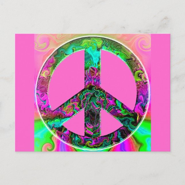 Cartão Postal Trippy Pink Peace Sign (Frente)