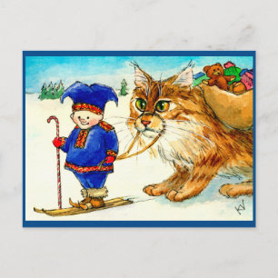 Cartão Postal Troll de elfo de Natal no esqui