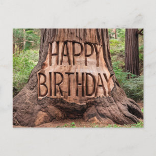 Cartão Postal tronco de árvore esculpido com feliz aniversário