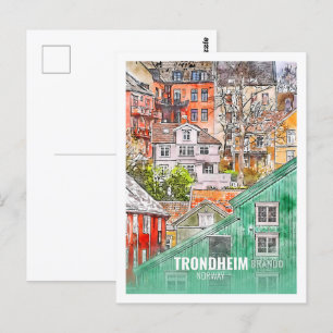 Cartão Postal Trondheim Noruega Esboço de Aquarela de Viagem Fam