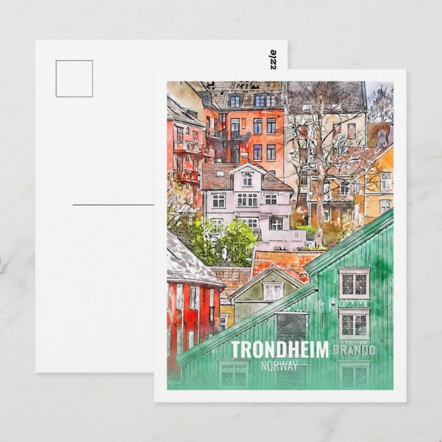 Cartão Postal Trondheim Noruega Esboço de Aquarela de Viagem Fam (Frente/Verso)