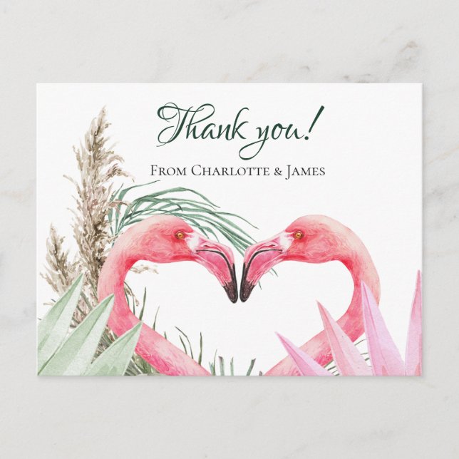 Cartão Postal Tropical Flamingo Rosa, Obrigado Casamento (Frente)