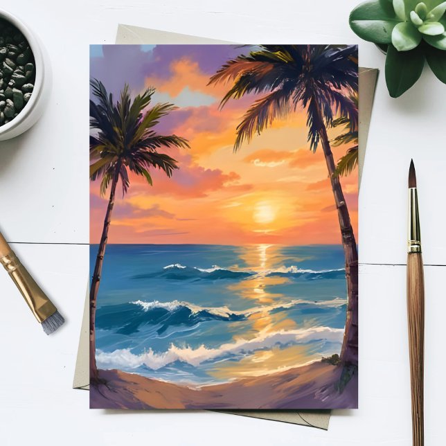 Cartão Postal Tropical Ocean Sunset Palm Tree Watercolor (Criador carregado)