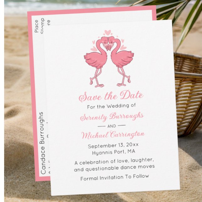 Cartão Postal Tropical Pink Flamingo Beach Wedding Save the Date (Criador carregado)