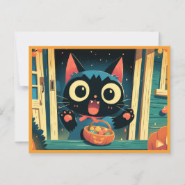 Cartão Postal Truque de Gato Preto Cinto ou Trate o Halloween