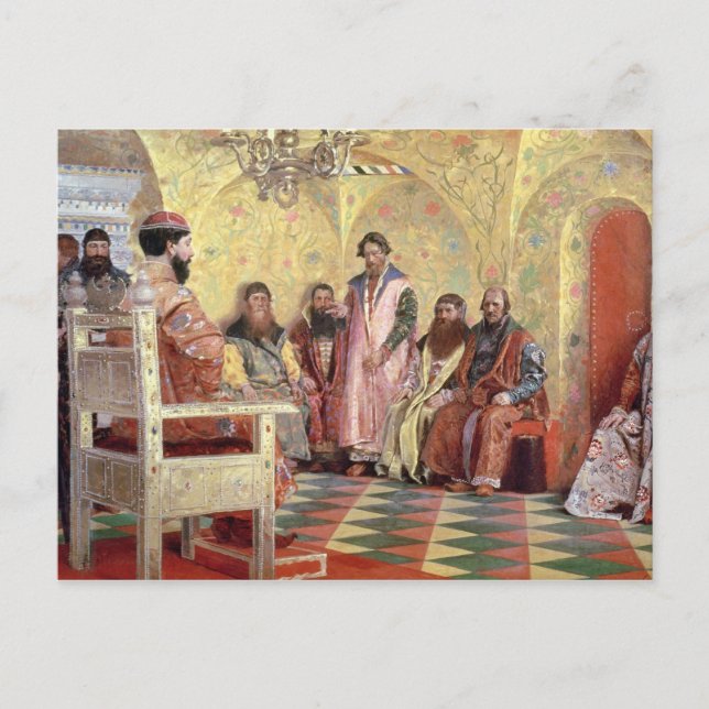 Cartão Postal Tsar Mikhail Fyodorovich com Boyars (Frente)