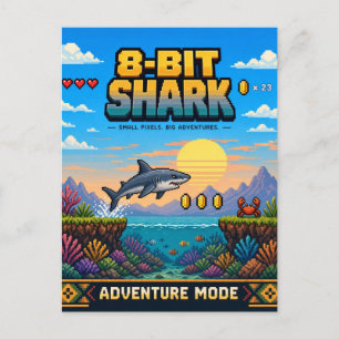 Cartão Postal Tubarão, Arte Pixel 8-Bit Retro