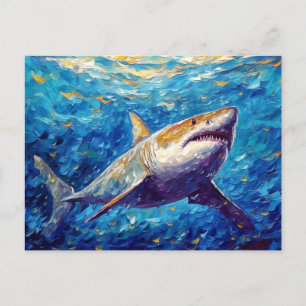 Cartão Postal Tubarão em Pintura a Óleo Subaquática Expressiva