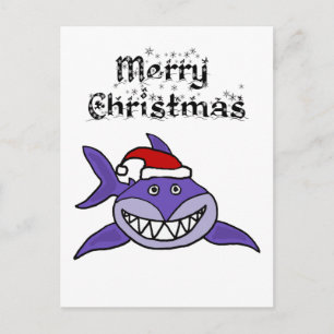 Cartão Postal Tubarão Engraçado na Arte de Natal Santa Hat