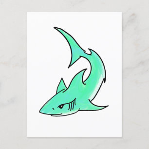 Cartão Postal tubarão sorridente desenho animado azul verde ocea