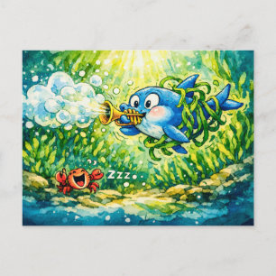 Cartão Postal Tubarão tocando trompete desenho animado