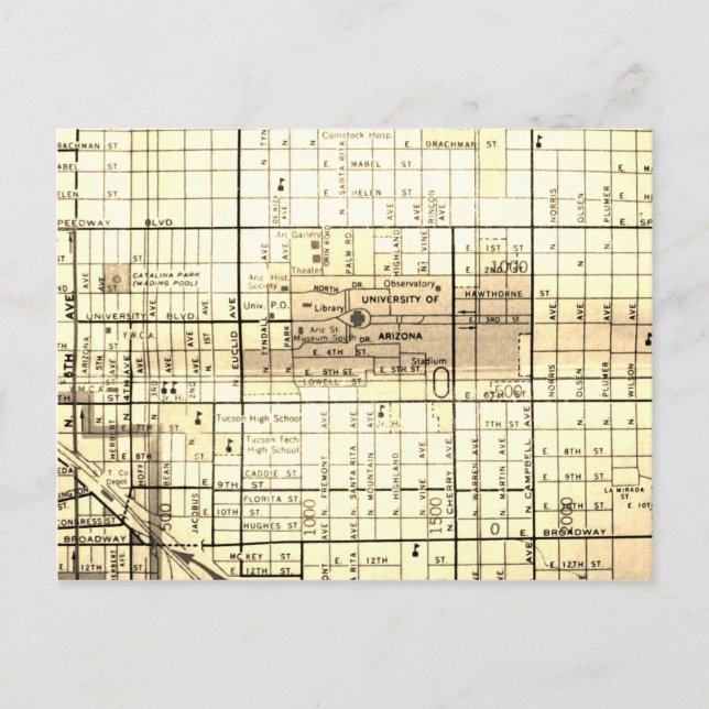 Cartão Postal Tucson, AZ Vintage Map (Frente)
