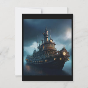 Cartão Postal Tugboat Steampunk Em Um Bloco De Mão Nublado